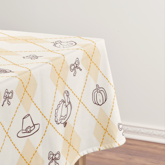 Cute Whimsy Thanksgiving Doodles Diamond Pattern Tablecloth (In Situ)