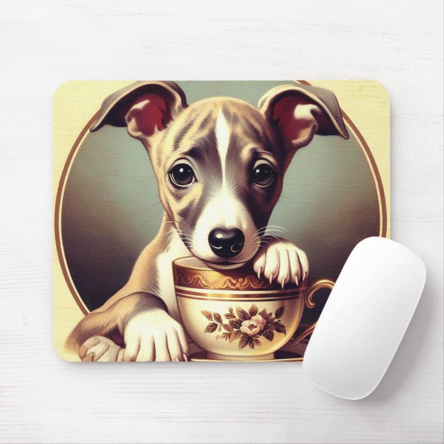 Cute Whippet Puppy Mouse Mat (With Mouse)
