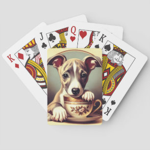 Cute Whippet Puppy Playing Cards