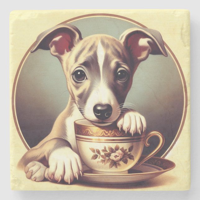Cute Whippet Puppy Stone Coaster (Front)