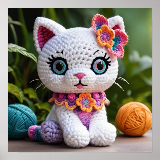 Cute Whiskers: White Kitty Cat Crocheted Colourful Poster (Front)