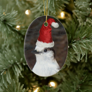 Cute Whiskey Jack Wearing Red Santa Hat Holiday Ceramic Tree Decoration