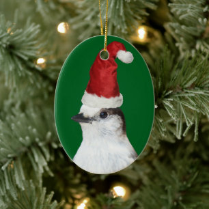 Cute Whiskey Jack Wearing Red Santa Hat Holiday Ceramic Tree Decoration