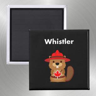 Cute Whistler Canada Beaver with Maple Leaf Dark Magnet