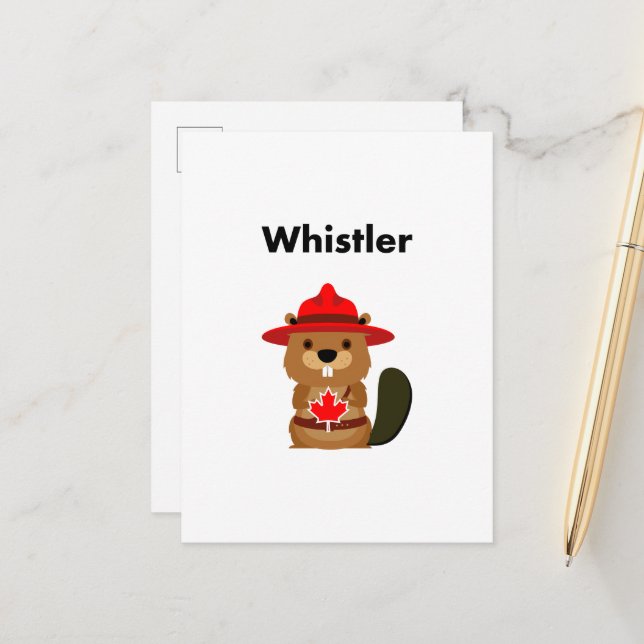 Cute Whistler Canada Beaver with Maple Leaf  Postcard (Front/Back In Situ)