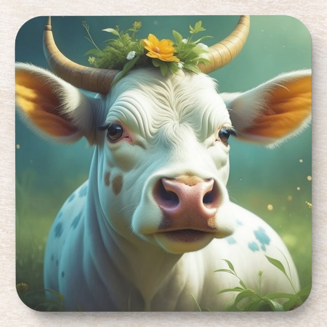 Cute White Ai Cow with Horns and Flowers Coaster (Front)