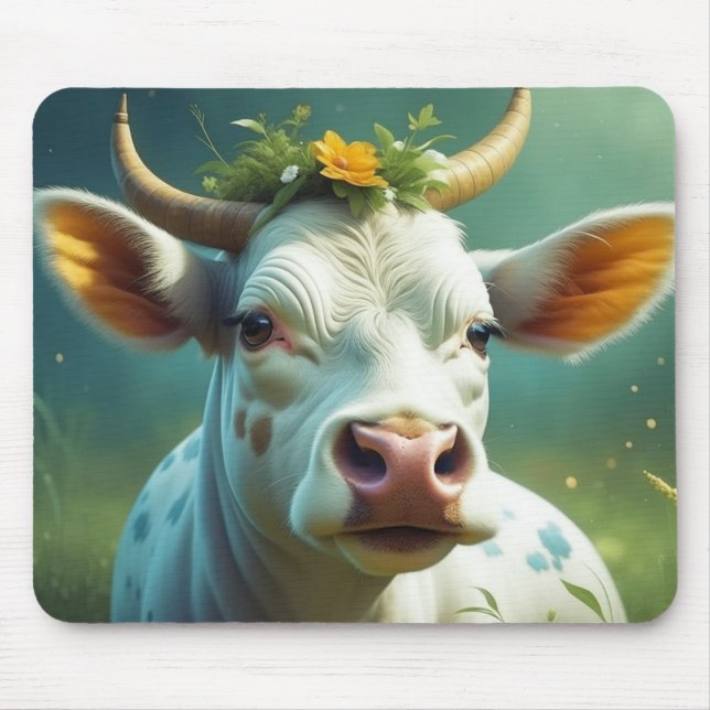 Cute White Ai Cow with Horns and Flowers Mouse Mat (Front)