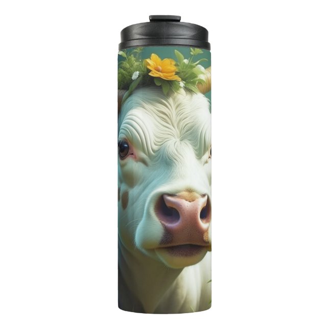 Cute White Ai Cow with Horns and Flowers Thermal Tumbler (Front)