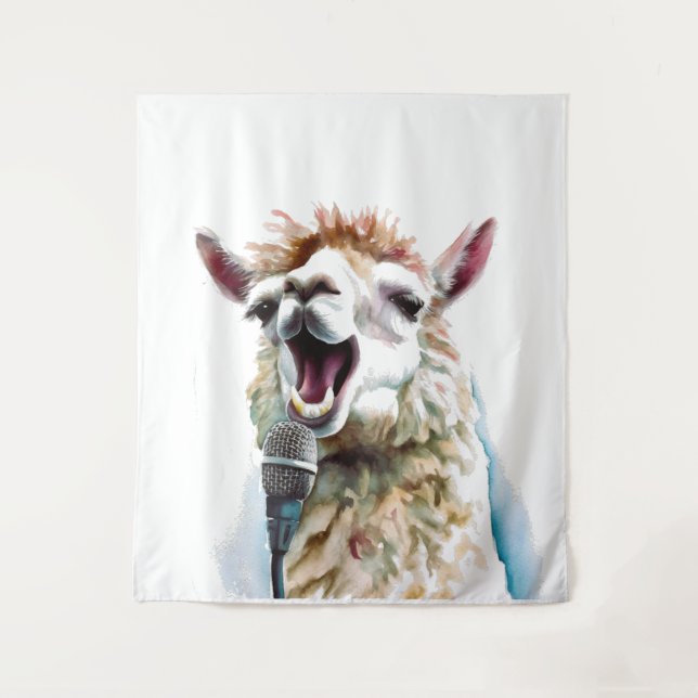 Cute white alpaca singing through microphone tapestry (Front)