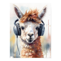 Cute white alpaca wearing headphones