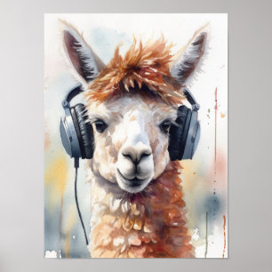 Cute white alpaca wearing headphones poster