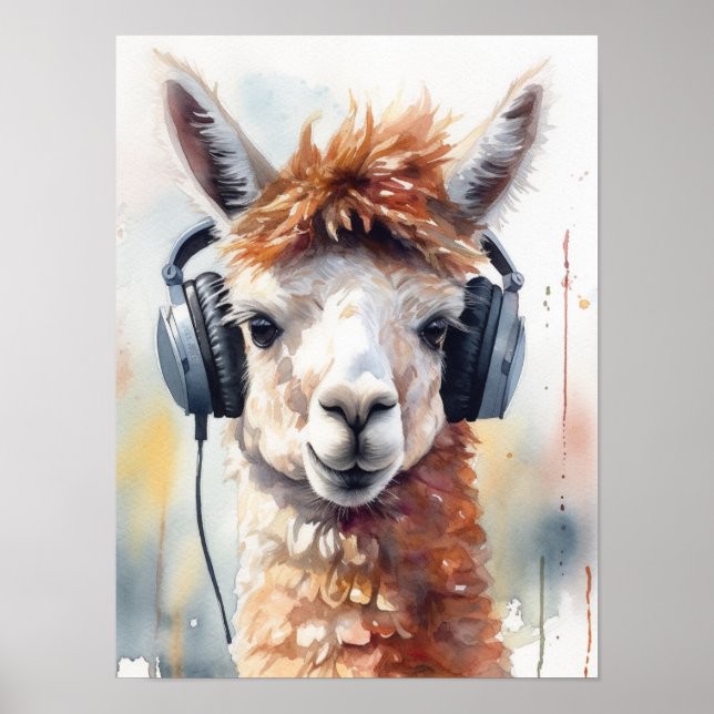 Cute white alpaca wearing headphones poster (Front)