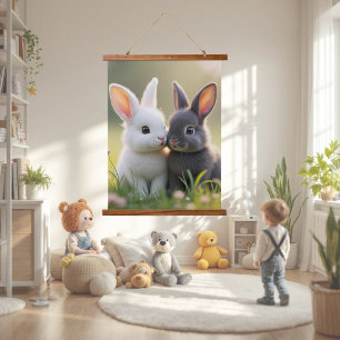 Cute white and black baby bunnies in a meadow,  hanging tapestry