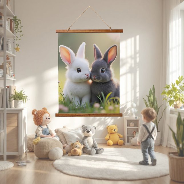 Cute white and black baby bunnies in a meadow,  hanging tapestry (Creator Uploaded)