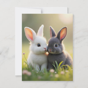 Cute white and black baby bunnies in a meadow, postcard