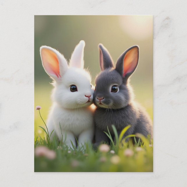 Cute white and black baby bunnies in a meadow,  postcard (Front)