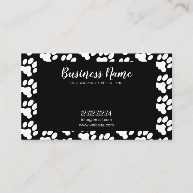 Cute White and Black Paw Print Pattern Dog Walking Business Card (Front)