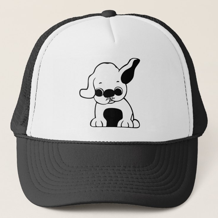 Cute White and Black Puppy Dog Cartoon w/ Big Ears Trucker Hat | Zazzle