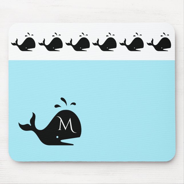 Cute White and Blue Custom Initial Black Whale Mouse Mat (Front)