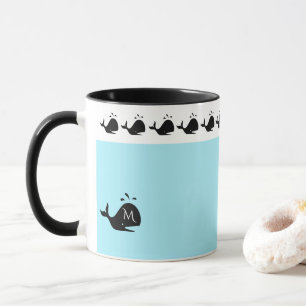 Cute White and Blue Custom Initial Black Whale Mug