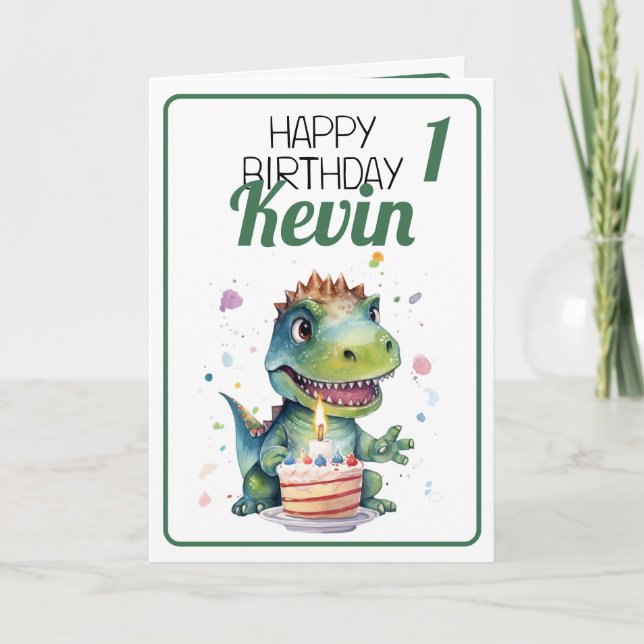 Cute White and Green Dinosaur Boy 1st Birthday Card (Front)