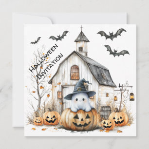 Cute White and Orange Ghost with Autumn Barn Invitation