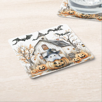 Cute White and Orange Ghost with Autumn Barn Square Paper Coaster