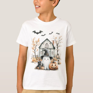 Cute White and Orange Ghost with Autumn Barn T-Shirt