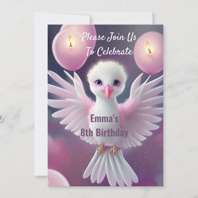 Cute White and Pink Baby Bird Birthday Invitation (Front)
