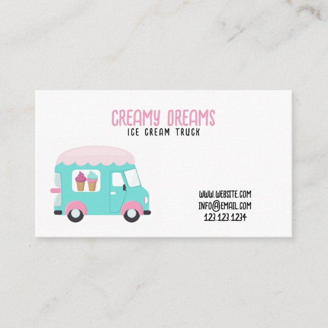 Cute White and Pink Playful Ice Cream Truck Business Card (Front)