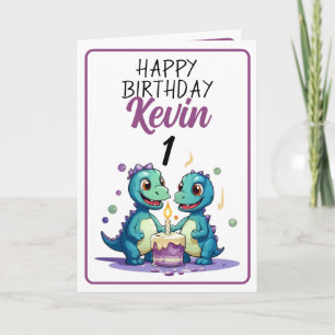 Cute White and Purple Dinosaurs Boy 1st Birthday Card