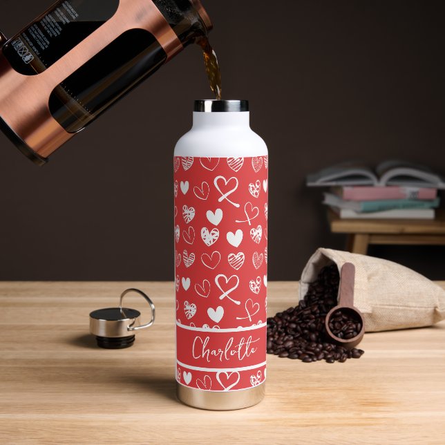 Cute White And Red Hearts Pattern Sketch Custom Water Bottle (Coffee)