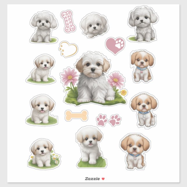 Cute White and Tan Puppies Flowers Hearts (Sheet)