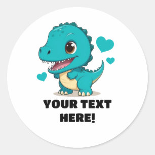 Cute White and Teal Personalised T-rex Classic Round Sticker