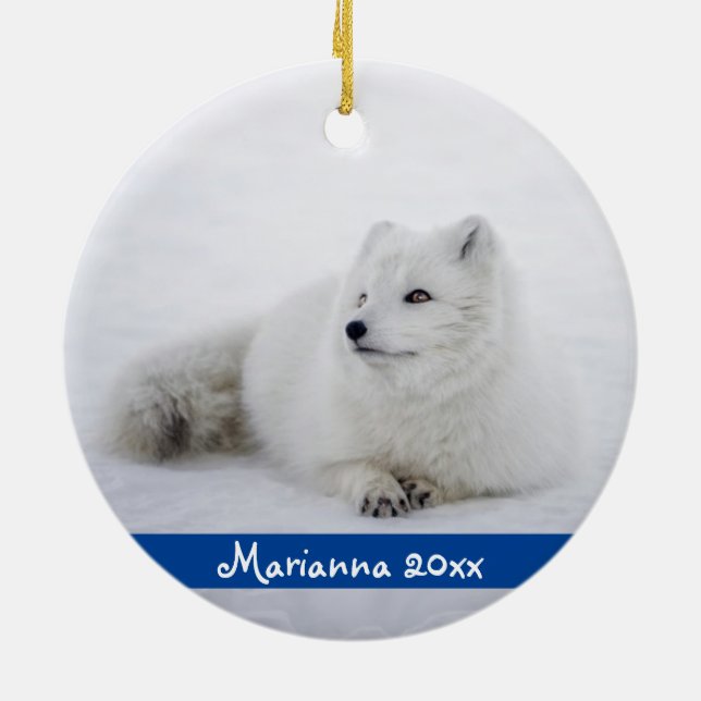 Cute White Arctic Fox in Snow Ceramic Ornament (Back)