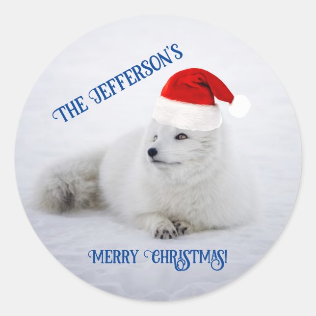 Cute White Arctic Fox in Snow    Classic Round Sticker (Front)