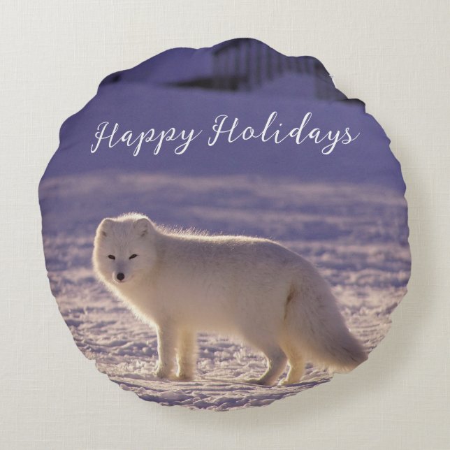 Cute White Arctic Fox Snow Winter Photography Round Cushion (Back)