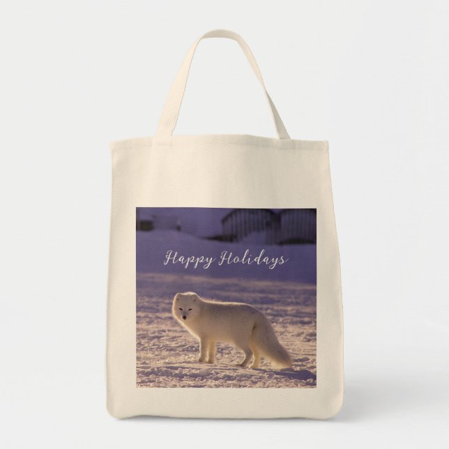 Cute White Arctic Fox Snow Winter Photography Tote Bag (Front)
