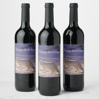 Cute White Arctic Fox Snow Winter Photography Wine Label