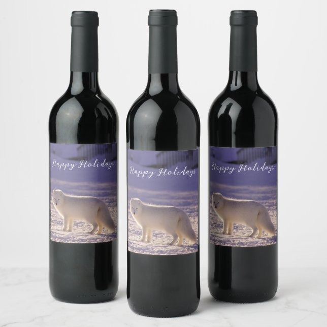 Cute White Arctic Fox Snow Winter Photography Wine Label (Bottles)