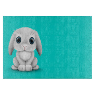 Cute White Baby Bunny Rabbit on Blue Cutting Board