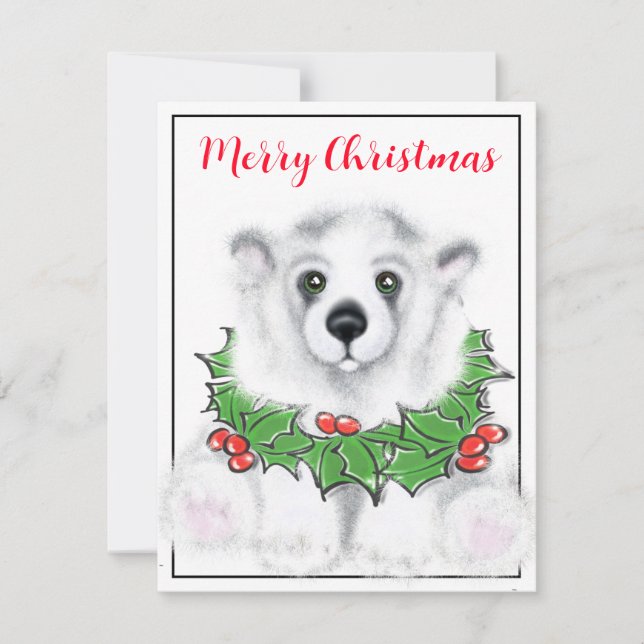 Cute white baby polar bear cub Christmas botanical Card (Front)