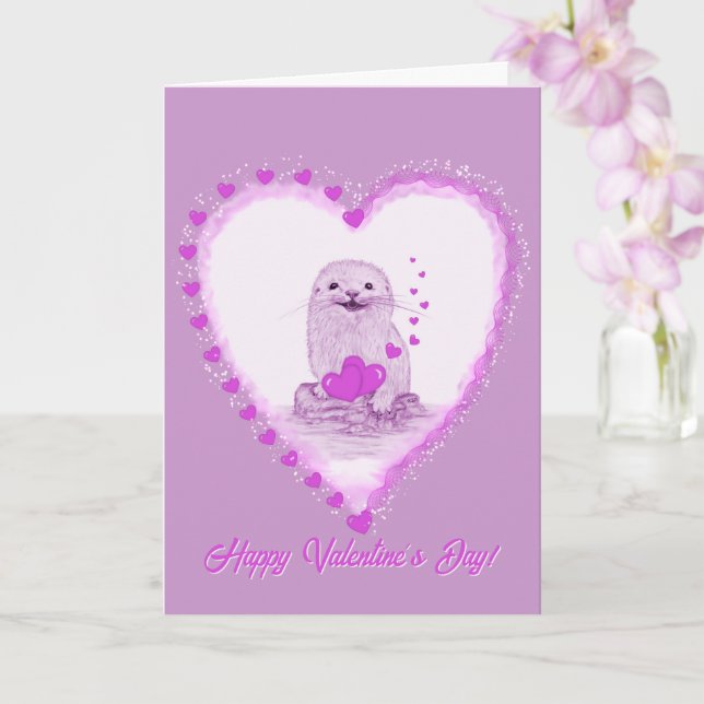 Cute White Baby Sea Otter , Happy Valentines Day Card (Orchid)