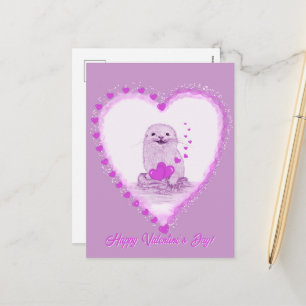 Cute White Baby Sea Otter , Happy Valentines Day Holiday Postcard