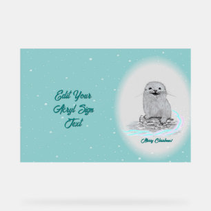 Cute White Baby Sea Otter , Merry Christmas Acrylic Sign