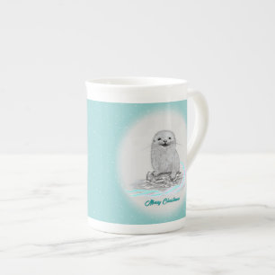Cute White Baby Sea Otter , Merry Christmas Bone China Mug
