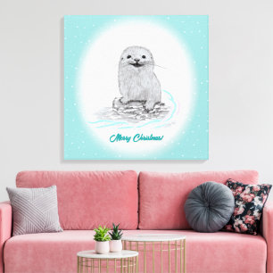 Cute White Baby Sea Otter , Merry Christmas Canvas Print
