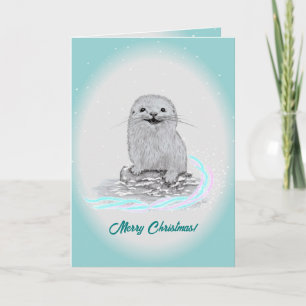 Cute White Baby Sea Otter , Merry Christmas Card