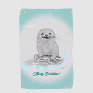 Cute White Baby Sea Otter , Merry Christmas Golf Towel