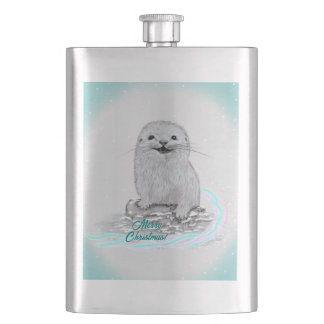 Cute White Baby Sea Otter , Merry Christmas Hip Flask